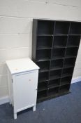 A WHITE SINGLE DOOR BATHROOM CABINET, and a black finish pigeon hole unit (2)
