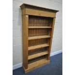 A MODERN PINE OPEN BOOKCASE, with four fixed shelves, width 105cm x depth 34cm x height 187cm (