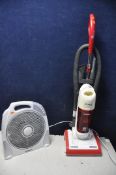 A HOOVER SE1600 UPRIGHT VACUUM along with a Holmes HBF30R fan with control and a Flymo MEV1800