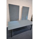 THREE BAIZE TOP FOLDING TABLES, length 184cm x depth 77cm x height 72cm (condition:-some stains)