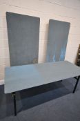 THREE BAIZE TOP FOLDING TABLES, length 184cm x depth 77cm x height 72cm (condition:-some stains)