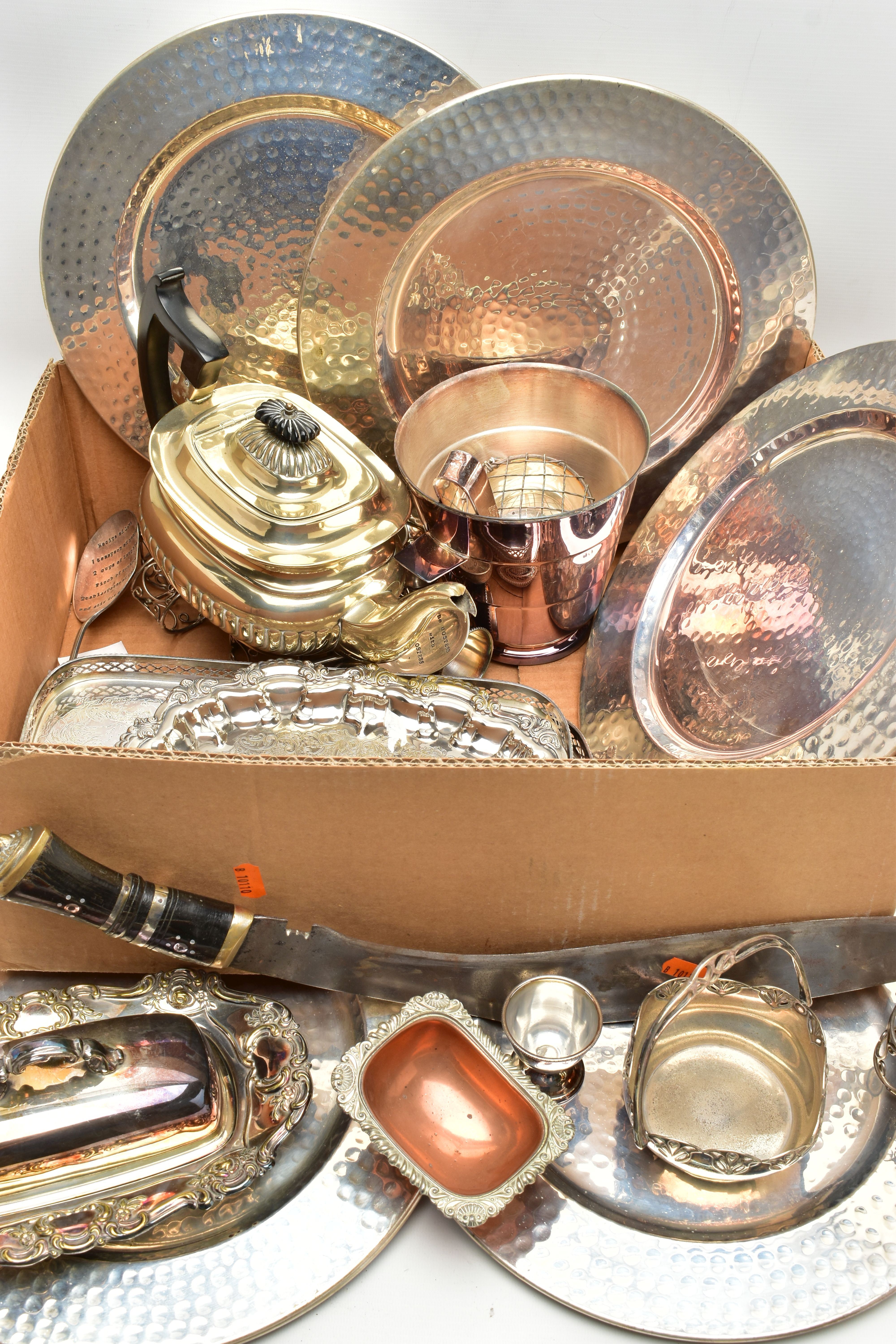 A BOX OF ASSORTED WHITE METAL WARE, to include eight white metal plate coasters, two rectangular