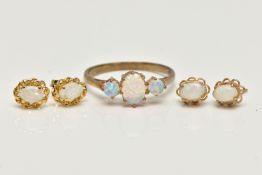 TWO PAIRS OF OPAL EARRINGS AND AN OPAL RING, two pairs of oval cut opal cabochons, each in a