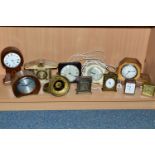 ELEVEN ASSORTED CLOCKS, of various styles and materials, to include desk clocks, mantel clocks and