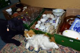 FOUR BOXES OF CERAMICS AND GLASSWARE, to include a Hasbro 2009 FurReal battery operated cat, a large