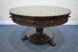 A WILLIAM IV MAHOGANY CIRCULAR REVOLVING DRUM TABLE, with a green and gilt tooled leather writing