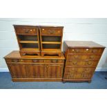A SELECTION OF YEW WOOD FURNITURE, to include a chest of five graduating drawers, width 80cm x depth