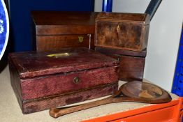 A SMALL GROUP OF TREEN, comprising a burgundy leather covered writing box, with inscription 'June