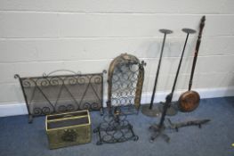 A SELECTION OF METALWARE, to include two wine rack, fire screen with mesh, pair of metal candle