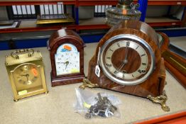 A GROUP OF CLOCKS, A BAROMETER AND AN OIL LAMP, comprising a wooden cased 'The British Anvil Clock',