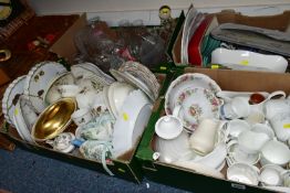 FOUR BOXES OF CERAMICS AND TWO WICKER PICNIC BASKETS, to include a 1950's Sirram picnic set for four