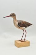 A MODERN PAINTED WOODEN MODEL OF A REDSHANK TYPE WADING BIRD WITH WIRE LEGS, mounted on a