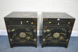A PAIR OF 20TH CENTURY JAPANNED EBONISED CABINETS, with chinoiserie detail, with a single drawer and