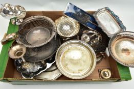 A BOX OF ASSORTED WHITE METAL WARE, to include bowls, trays, rose bowl, butter dish with cover,