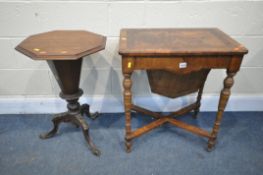A LATE VICTORIAN WALNUT AND AMBOYNA WORK TABLE, the hinged lid enclosing a sewing compartment, on