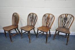 A SET OF FOUR ELM SPINDLE HOOP BACK CHAIRS, with arched back, united by turned stretchers (condition