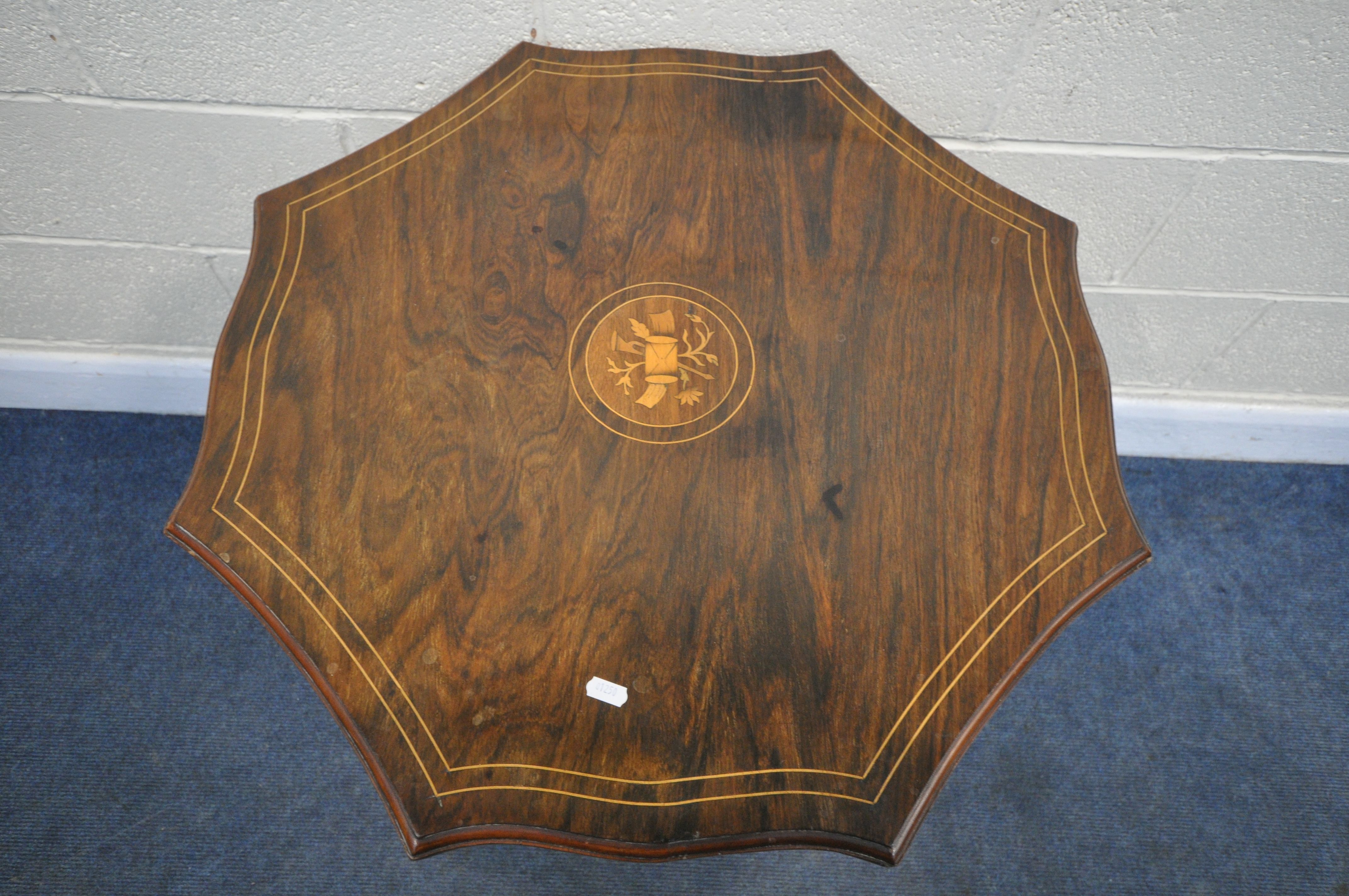 AN EDWARDIAN ROSEWOOD OCTAGONAL CENTRE TABLE, with a wavy edge top, shaped legs and stretchers, - Image 2 of 4