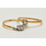 TWO YELLOW METAL DIAMOND SET RINGS, the first a single stone diamond ring, six claw set, round