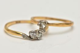 TWO YELLOW METAL DIAMOND SET RINGS, the first a single stone diamond ring, six claw set, round
