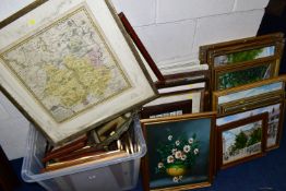 A BOX AND LOOSE ASSORTED PRINTS ETC, to include framed Wills Association Footballers, amateur oil