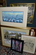 A SMALL QUANTITY OF PAINTINGS AND PRINTS ETC, to include R. Scarff watercolour on paper harbour