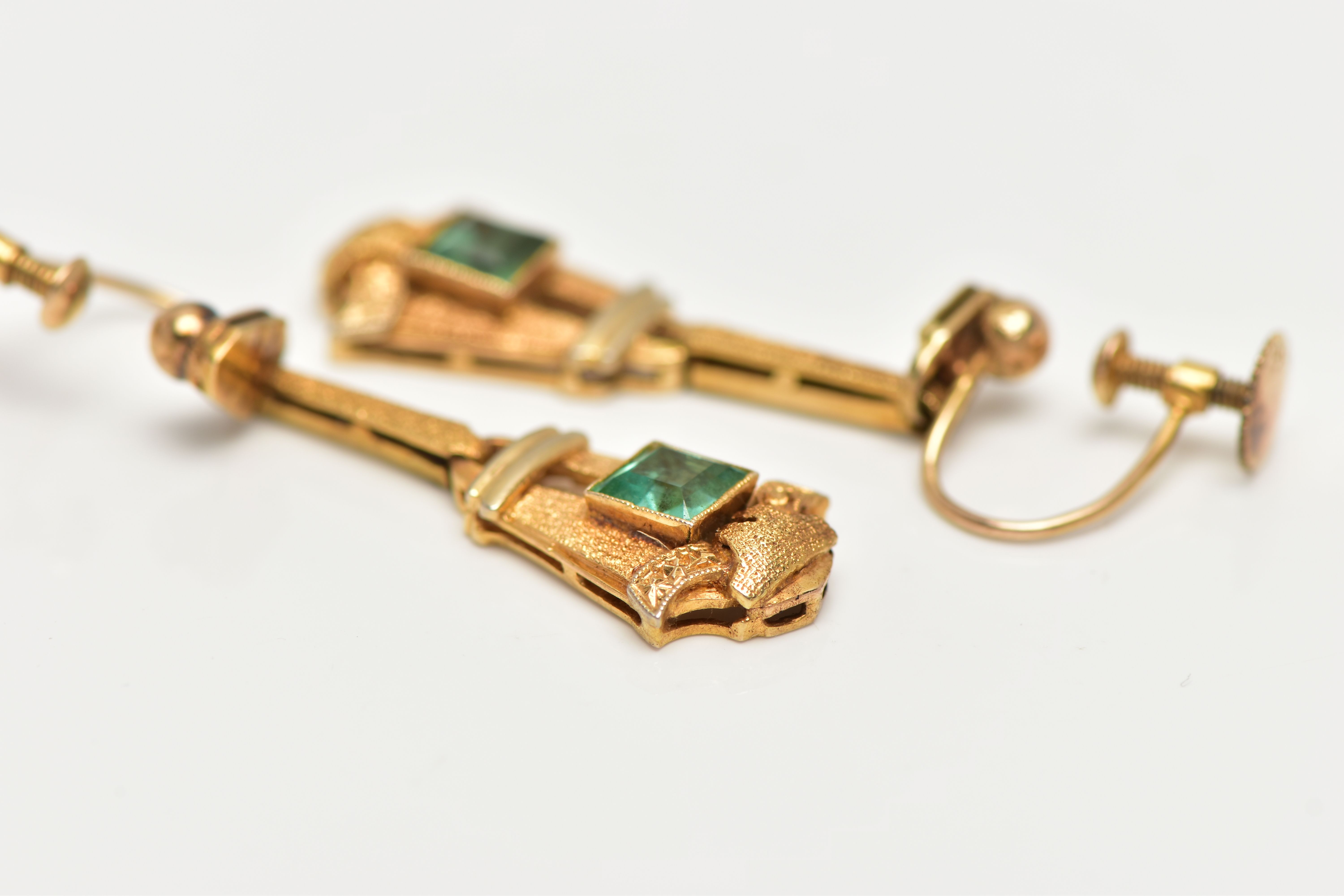 A PAIR OF EARLY 20TH CENTURY EMERALD DROP EARRINGS, each of a tapered Art Deco design set to the - Image 5 of 5