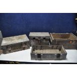 FIVE MILITARY CASES/AMMUNITION BOX to include two metal and three wooden and a galvanised metal