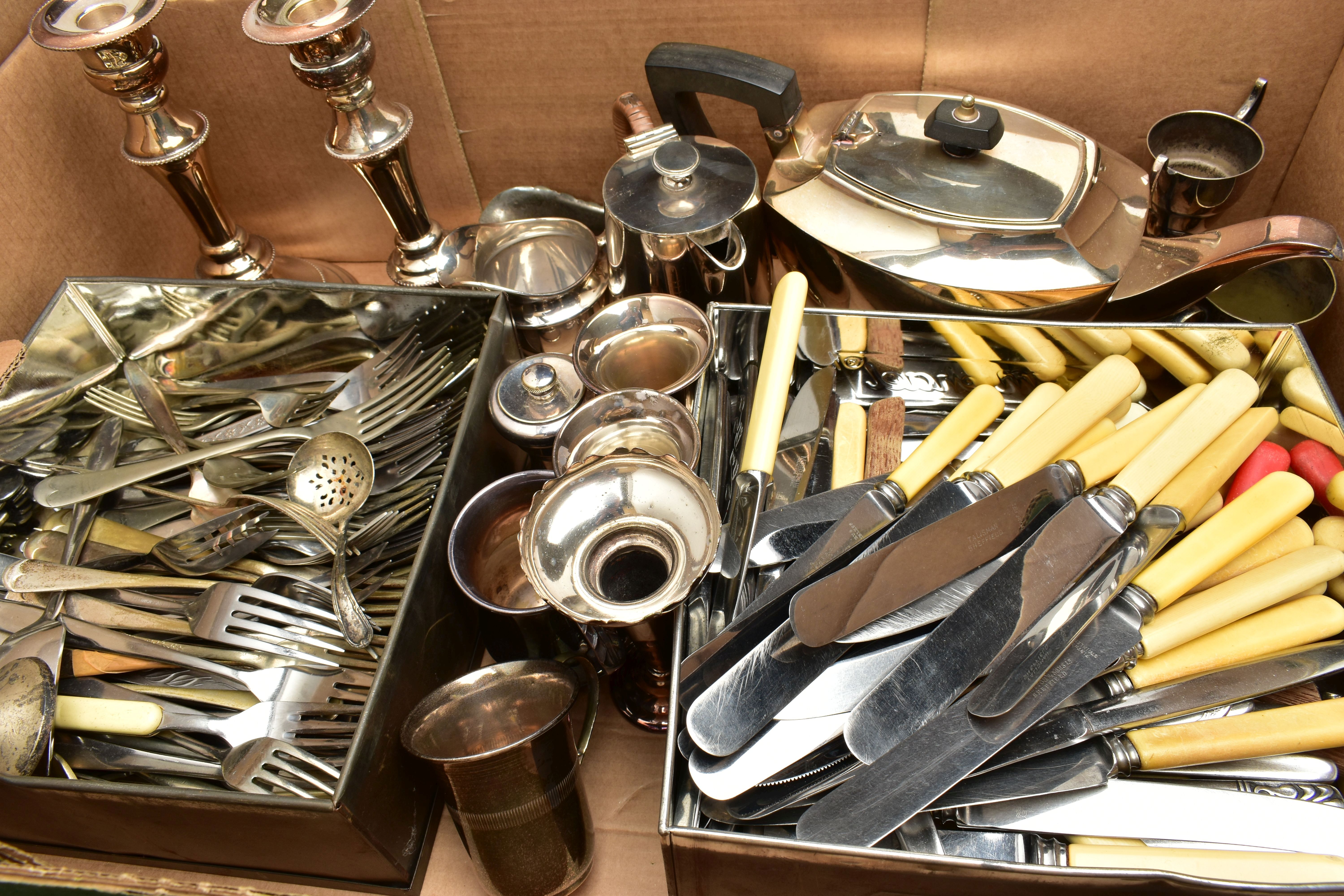 TWO BOXES OF ASSORTED WHITE METAL WARE, to include a silver-plated three branch candlestick with - Image 6 of 6