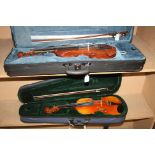 TWO MODERN VIOLINS IN CASES one is a Chinese MV007 the other is unbranded with two bows