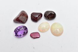 A SMALL BAG OF ASSORTED LOOSE GEMSTONES, to include two white opal cabochons, both showing flashes