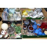 FOUR BOXES OF CERAMICS AND GLASSWARE, to include a five piece terracotta tea set of teapot, stand,