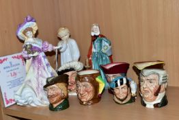 A GROUP OF ROYAL DOULTON FIGURINES AND CHARACTER JUGS, comprising Lily, Lady Doulton 1995 HN3626, '