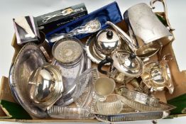 A BOX OF ASSORTED WHITE METAL WARE, to include an EPNA teapot, a three piece silver plated tea set