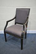 A LATE 20TH CENTURY EBONISED OPEN ARMCHAIR, with purple fabric