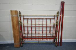 A RED PAINTED CAST IRON AND BRASS KING SIZE BED STEAD, with side rails, slats (condition - footboard