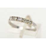 A FIVE STONE DIAMOND RING, five round brilliant cut diamonds prong set in a white metal band,