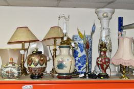 A QUANTITY OF TABLE LAMPS AND JARDINIERES, comprising a Satsuma style pot in the form of a lotus