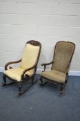 TWO VICTORIAN MAHOGANY ROCKING CHAIRS (condition:-one with rickety armrests) (2)