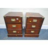 A PAIR OF MAHOGANY THREE DRAWER CAMPAIGN CHEST OF THREE DRAWERS, 36cm squared x height 56cm (