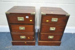 A PAIR OF MAHOGANY THREE DRAWER CAMPAIGN CHEST OF THREE DRAWERS, 36cm squared x height 56cm (