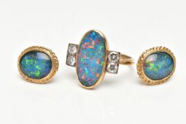 A 9CT GOLD OPAL AND DIAMOND RING, WITH A PAIR OF OPAL EARRINGS, the ring designed with an oval
