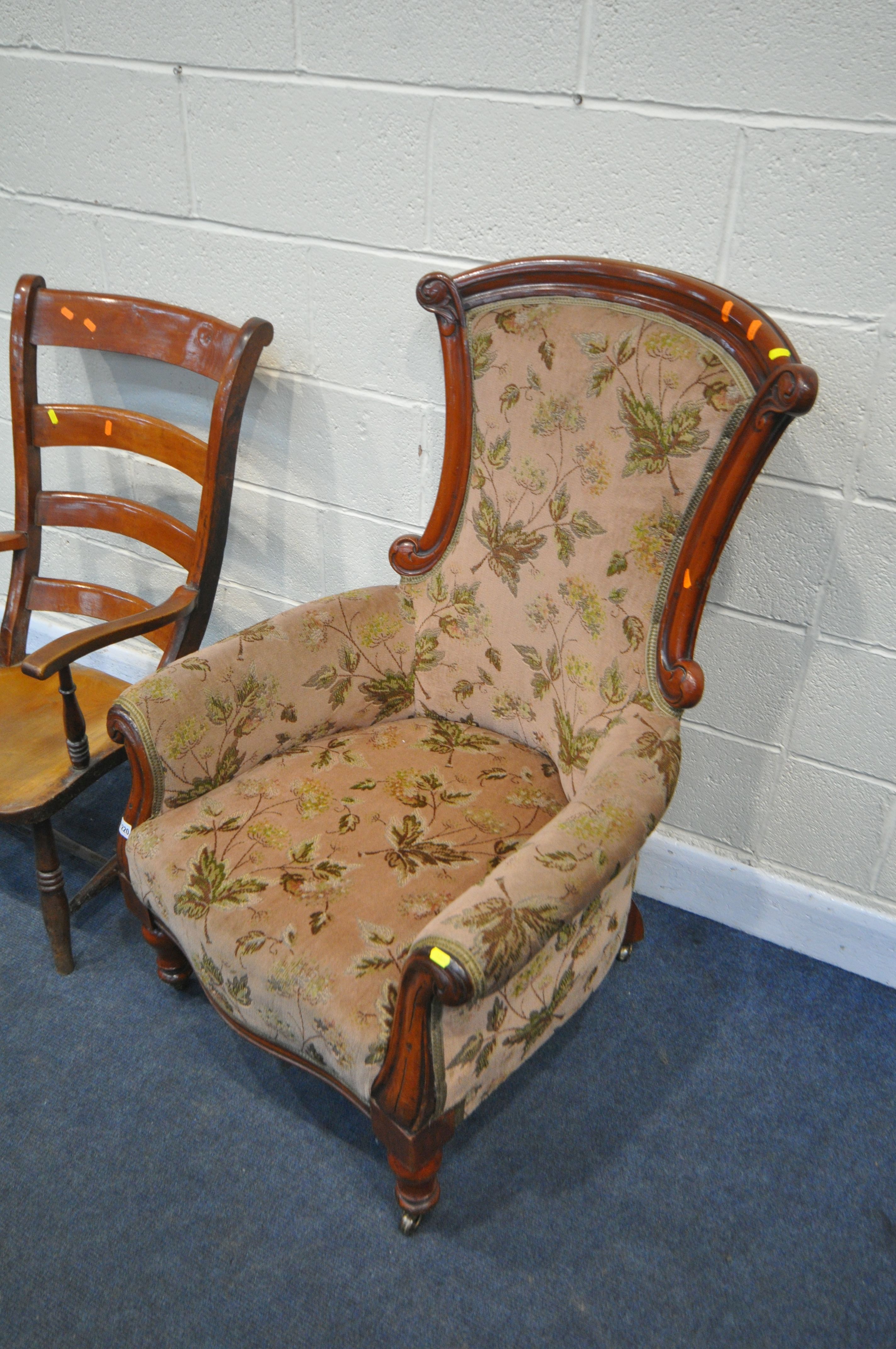 A LATE VICTORIAN WALNUT ARMCHAIR, with floral fabric, and a 19th century elm ladderback armchair ( - Image 3 of 3