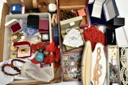 A BOX OF ASSORTED COSTUME JEWELLERY, to include imitation pearl necklaces, a boxed white metal
