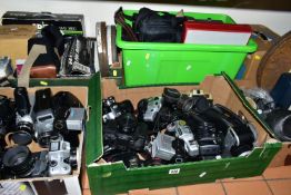 FIVE BOXES AND LOOSE CAMERAS, PARTS AND ACCESSORIES, to include a cased Zenit TTL camera fitted with