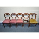 A SET OF FOUR VICTORIAN MAHOGANY BALLON BACK CHAIRS, with drop in seat pads (missing one seat pad)