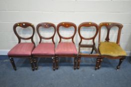A SET OF FOUR VICTORIAN MAHOGANY BALLON BACK CHAIRS, with drop in seat pads (missing one seat pad)