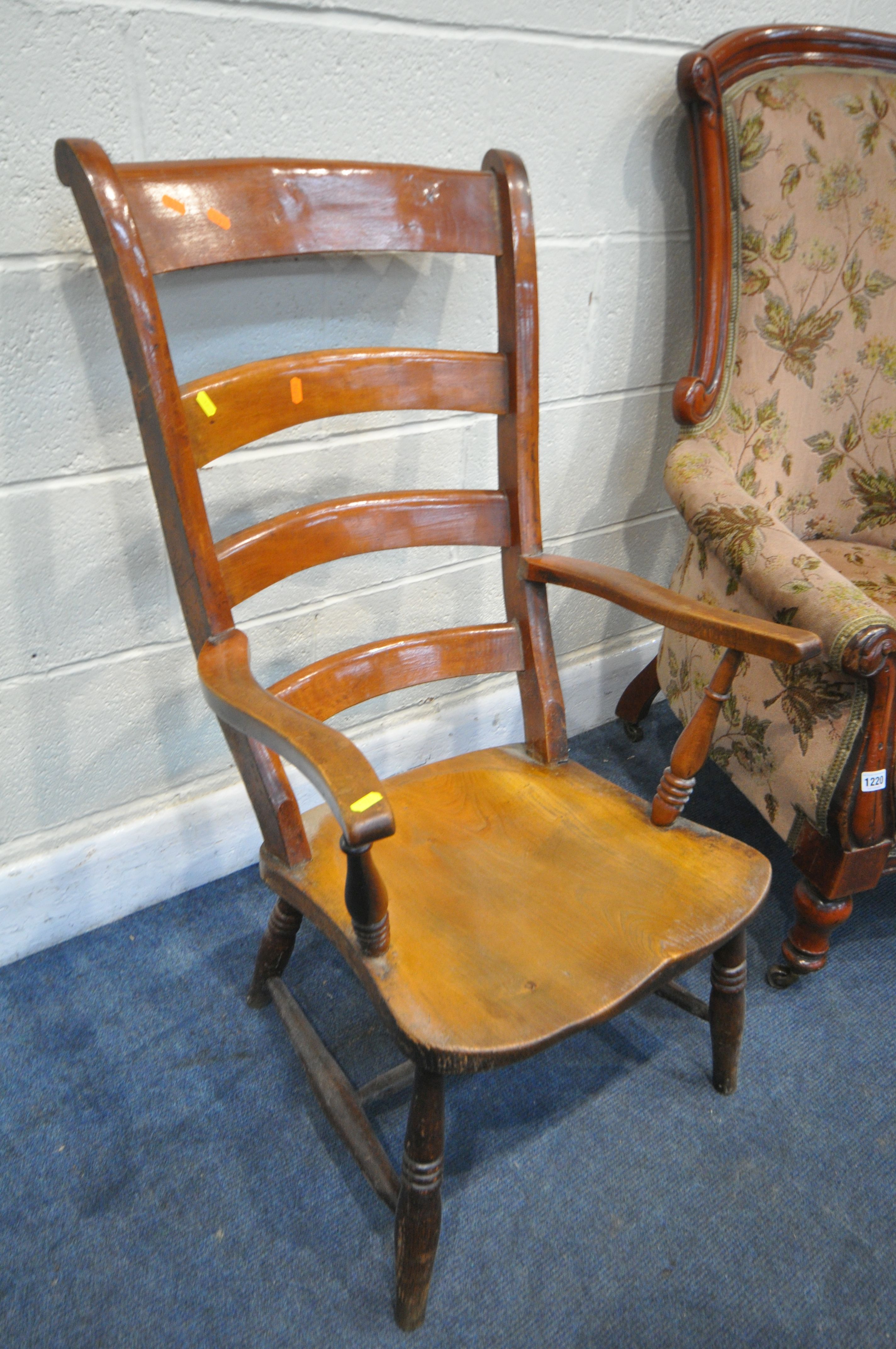 A LATE VICTORIAN WALNUT ARMCHAIR, with floral fabric, and a 19th century elm ladderback armchair ( - Image 2 of 3