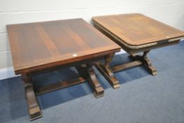TWO EARLY 20TH CENTURY OAK DRAW LEAF TABLES, on twin turned supports, width 92cm x open width