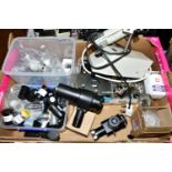 A BOX OF ASSORTED MICROSCOPE PARTS, to include oculars, an illuminator, two 35mm camera adaptors,
