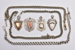 THREE ALBERT CHAINS AND FOB MEDALS, a graduated silver albert chain fitted with a T-bar and